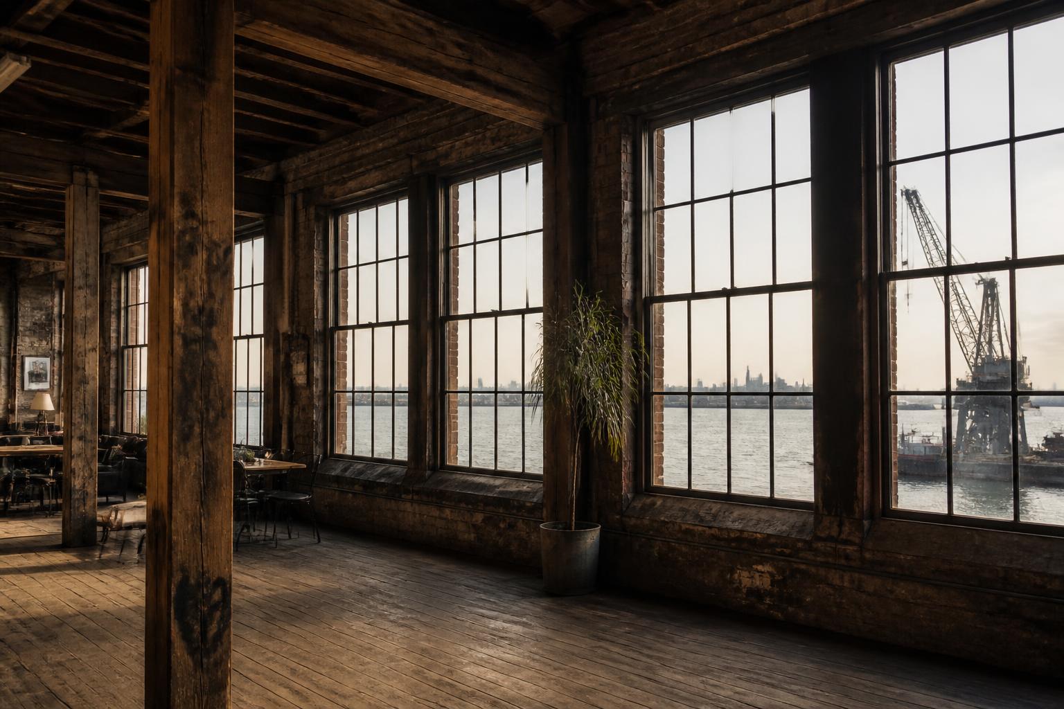 Red Hook loft interior — brick walls, timber posts, harbor view