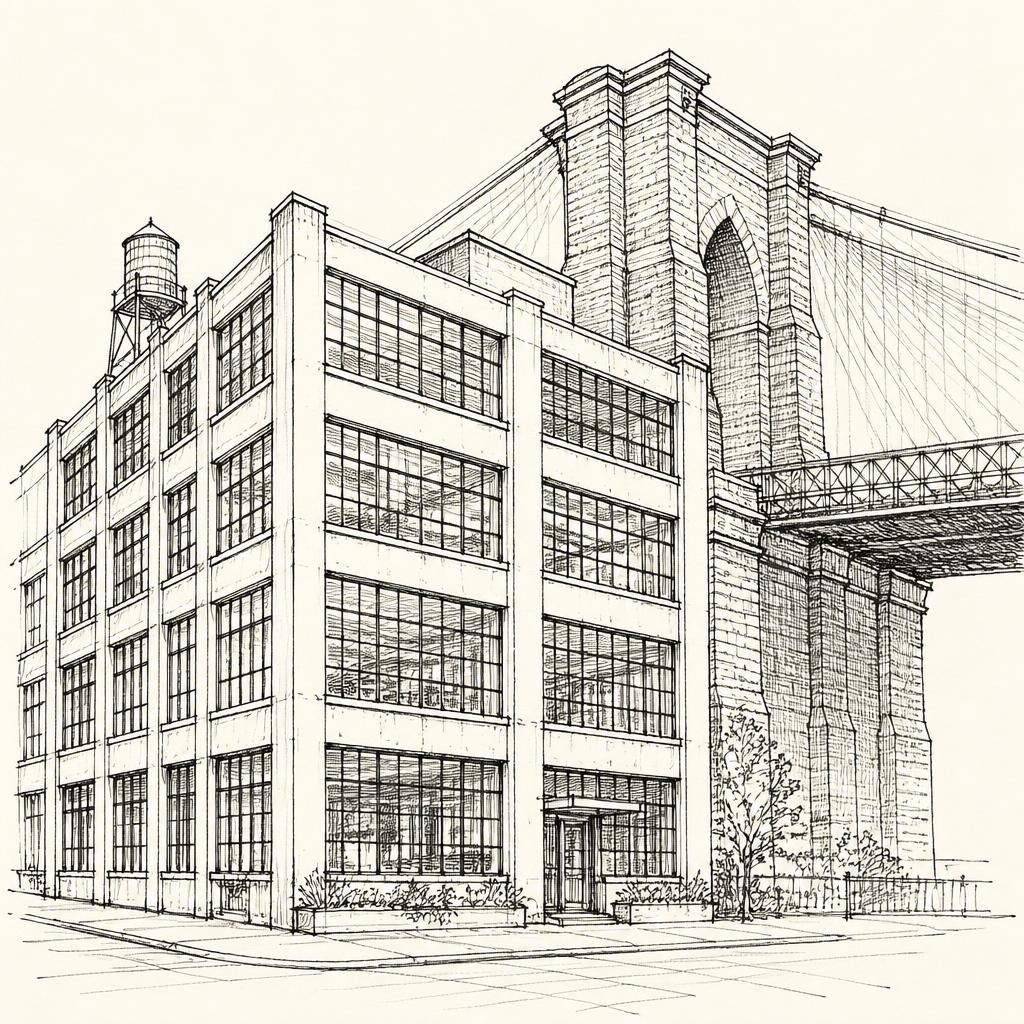 Ink sketch of a DUMBO daylight factory building