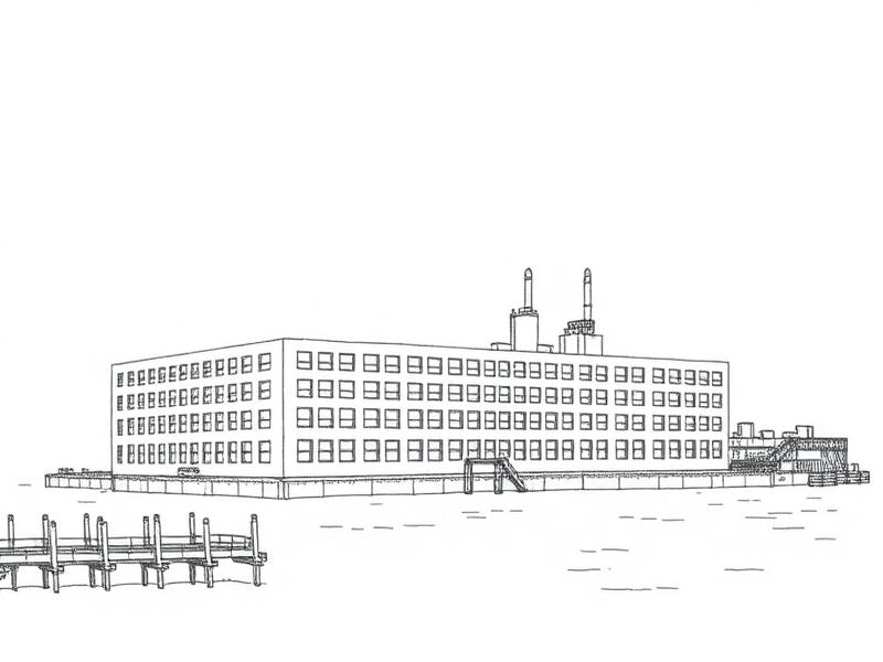 Ink sketch of a Sunset Park waterfront warehouse